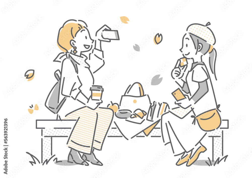 友達と桜を楽しむ若い女性　シンプルでお洒落な線画イラスト