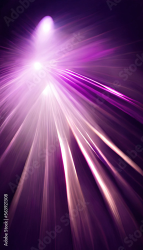 Neon rays. Blur light motion. Ultraviolet illumination. Defocused fluorescent purple white color beam glow flare on dark black illustration abstract background.