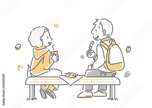 お茶を飲みながら桜を楽しむシニア夫婦　シンプルでお洒落な線画イラスト