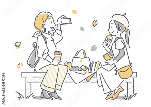 友達と桜を楽しむ若い女性　シンプルでお洒落な線画イラスト