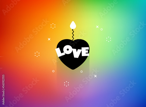 Bright Saint Valentine's card. Fuse and fire heart. Text LOVE. Abstract gradient background, rainbow pattern banner, party invitation. Explosive passion bomb concept. Hot love design illustration