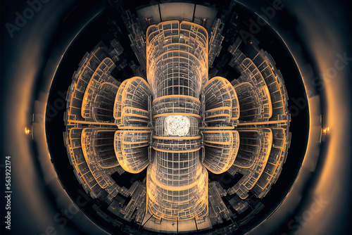 Nuclear fusion, tokamak magnetic field to confine plasma in the shape of a torus, toroidal shape. Clean energy technology. photo