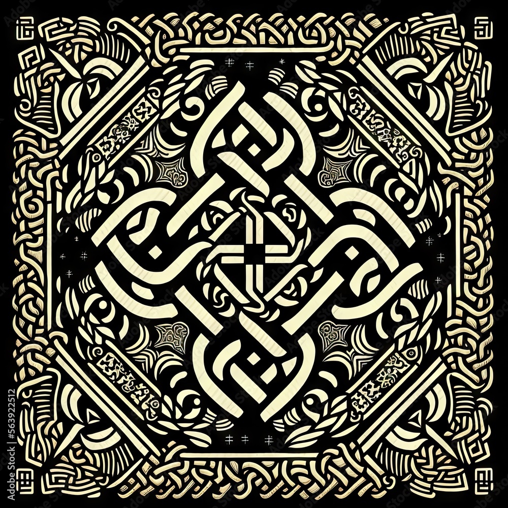 Ainu Traditional Folk Pattern in 1500s European Woodcut Style - Limited Color Palette of Black Ink Outlines on Full White Background