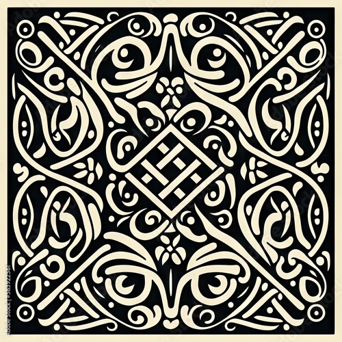 Ainu Traditional Folk Pattern in 1500s European Woodcut Style - Limited Color Palette of Black Ink Outlines on Full White Background photo