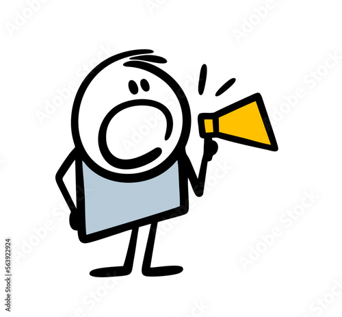 Hand drawn stickman shouts loudly communicating important information into the microphone.