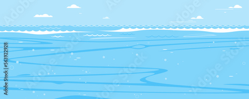 Underwater sea background in side view, simple lines of sea waves and underwater currents in flat style