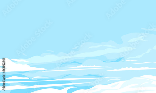 Blue sky with clouds background illustration, light blue sky with large wavy clouds, summer sky in sunny day in side view around the clouds with place for text © Oceloti