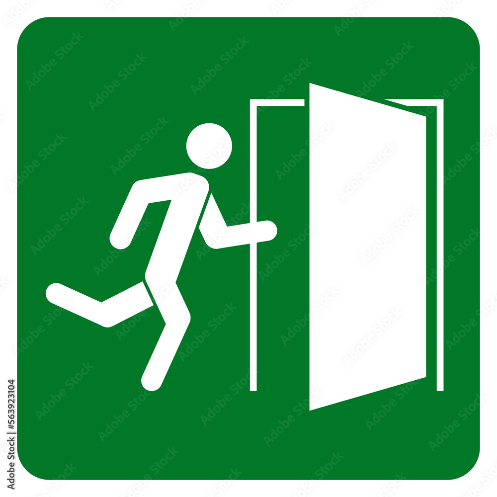 Fire exit sign with door. Green emergency exit vector icon.
