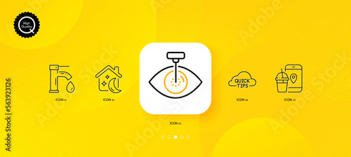 Eye laser, Sleep and Quick tips minimal line icons. Yellow abstract background. Tap water, Food app icons. For web, application, printing. Optometry clinic, Sleeping house, Helpful tricks. Vector