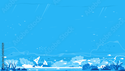 Ocean underwater background with corals, algae and flocks of small fish, blue dark seabed template background in flat style, illustration of open deep sea ocean