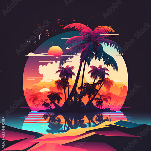 Palmtree island in a sunset made with Generative AI. 