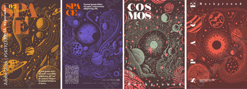 Space. Backgrounds of the universe, cosmic wind, the Milky Way. Typography posters design. Set of flat vector illustrations. Print, label, cover or t-shirt print design.