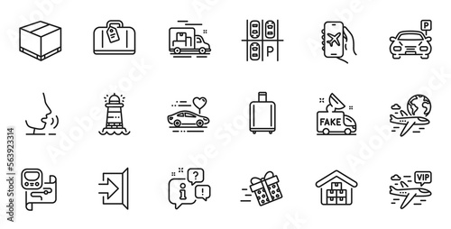 Outline set of Hand baggage, Wholesale goods and Delivery box line icons for web application. Talk, information, delivery truck outline icon. Vector