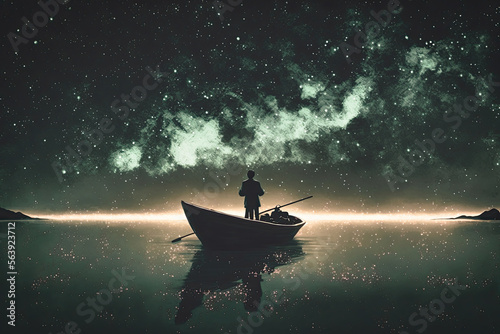 A Man Alone In A Rowing Boat On a Lake At Night Watching The Stars Of The Universe. Generative AI Illustration