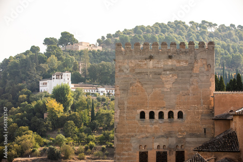 Architectural details of the Alhambra fortified palace complex and Granada city