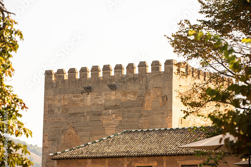 Architectural details of the Alhambra fortified palace complex and Granada city