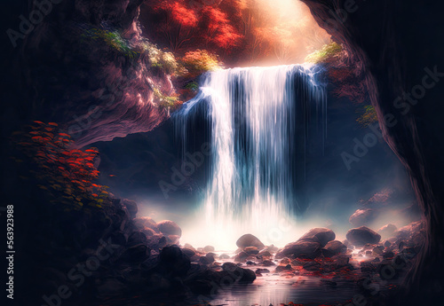 A Breathtaking Waterfall Into A Cave. Generative AI Illustration