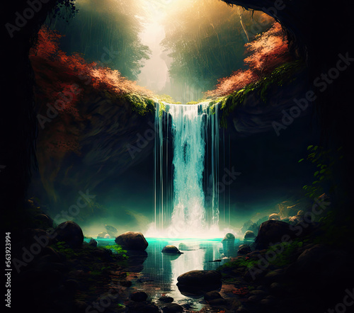 A Breathtaking Waterfall Into A Cave. Generative AI Illustration