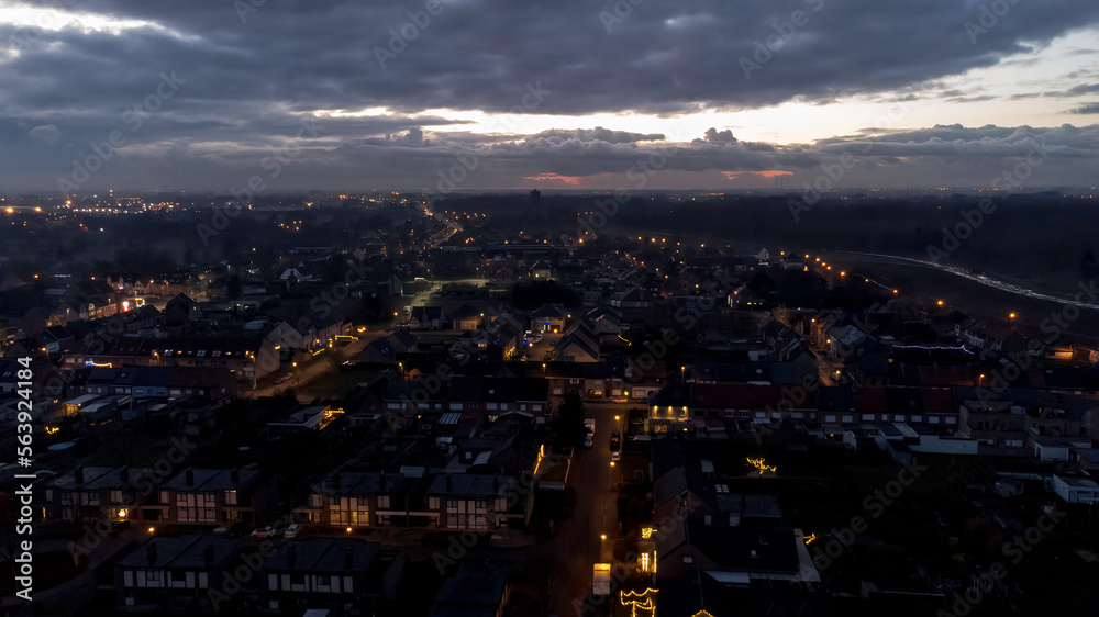 Night aerial view of Baasrode, a small town in East Flanders, Belgium