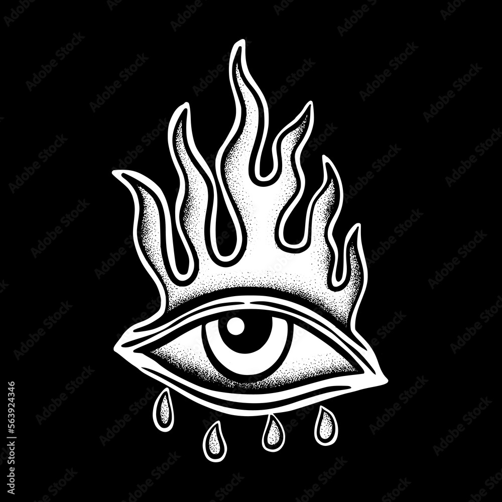 Obraz premium Eye fire vintage art Illustration hand drawn black and white vector for tattoo, sticker, logo etc