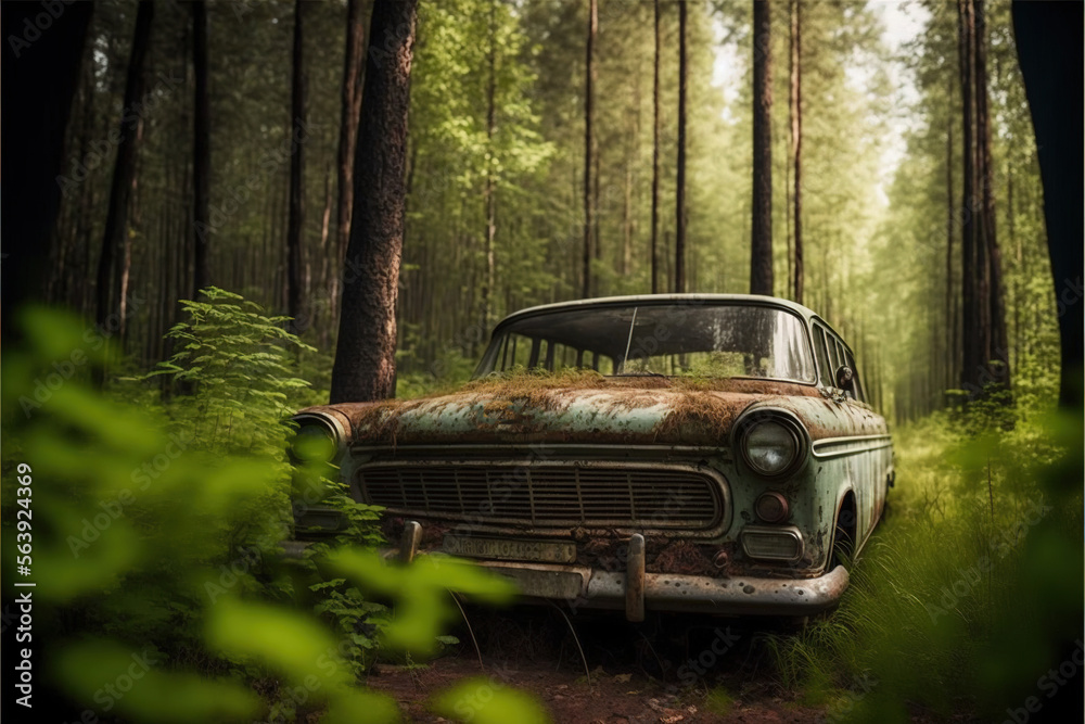 Wracked old rusty Russian car overgrown with foliage in jungle forest illustration generative ai Wracked old rusty Russian car overgrown with foliage in jungle forest illustration generative ai