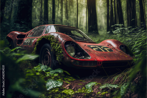 Wracked old rusty sportscar overgrown with foliage in jungle forest illustration generative ai