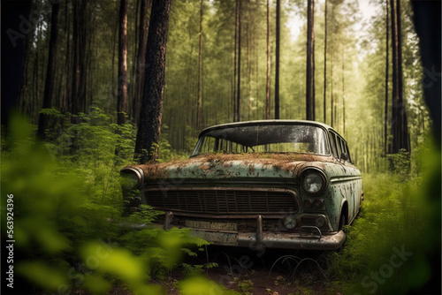Wracked old rusty Russian car overgrown with foliage in jungle forest illustration generative ai