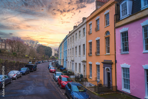 Cornwallis Crescent colourful homes at Clifton in Bristol England during sunset © Peppygraphics