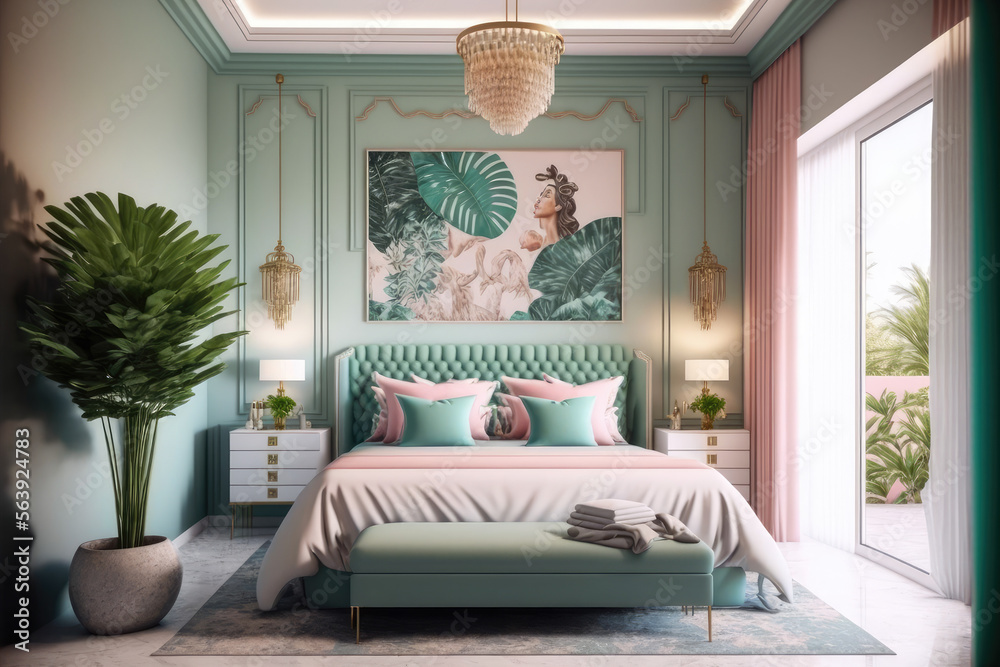 Pastel color elegant bedroom interior design. Peculiar AI generative ...