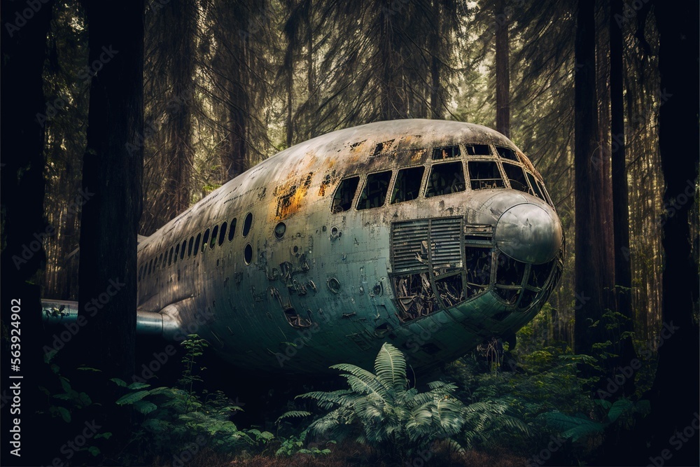 Wracked old rusty Airplane overgrown with foliage in jungle forest illustration generative ai