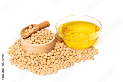 Yellow Soy Bean in wooden bowl, Vegetable Oil in glass bowl. Golden Soybean turn process to cooking oil, soy bean is healthy diet and food element cooking ingredients. White background isolated