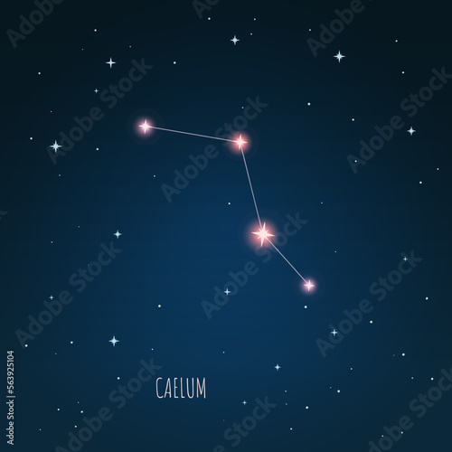 Constellation Caelum scheme in starry sky. Open space. Vector illustration, constellation  through a telescope