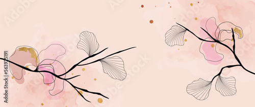 Abstract art botanical pink background vector. Luxurious wallpaper with watercolor pink and beige tones, golden texture, leaves and flowers with branches. Minimal design for print, packaging, wall