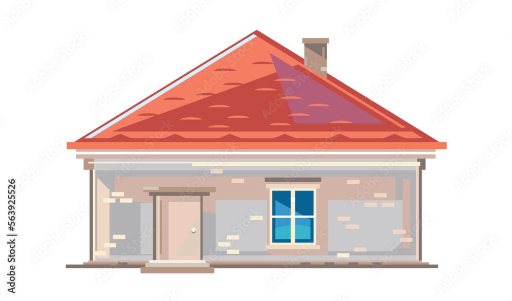 One small brick rural house in front view with red roof tile, window and chimney in flat style isolated, single storey country house, investment in real estate for the family