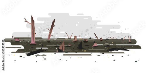 Scorched earth and tree trunks after forest fire concept illustration in flat style isolated, charred earth with dead plants in smoke, consequences of nature disaster