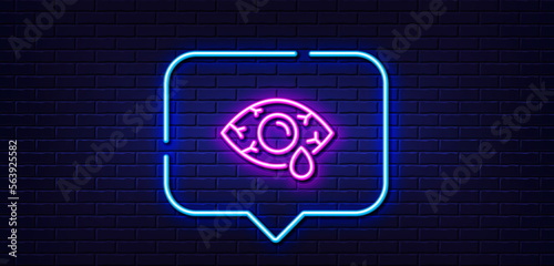 Neon light speech bubble. Conjunctivitis eye line icon. Oculist clinic sign. Optometry vision symbol. Neon light background. Ð¡onjunctivitis eye glow line. Brick wall banner. Vector