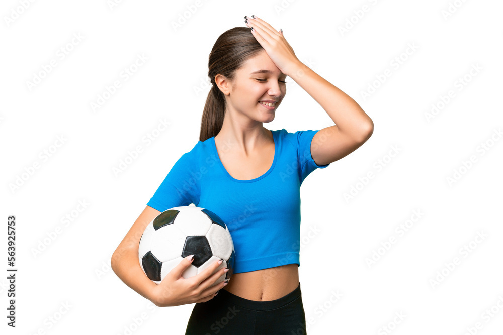 Teenager caucasian girl playing football over isolated background has realized something and intending the solution