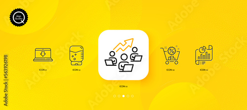 Report document, Teamwork chart and Internet downloading minimal line icons. Yellow abstract background. Shopping cart, Water cooler icons. For web, application, printing. Vector