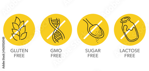 Lactose, Gluten, GMO, Sugar free yellow pictograms