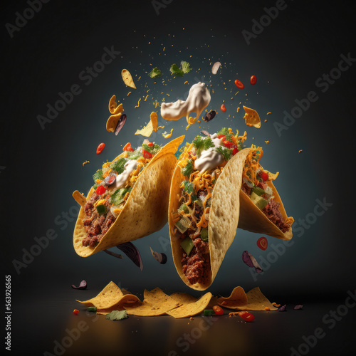 tacos in the air with vegetables and chicken photo