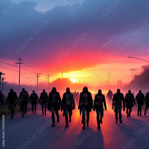 Zombie horde walking down the street at sunset