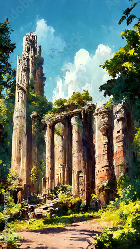 Ancient ruins of ancient city or empire history in forest illustration art Generative AI Content by Midjourney