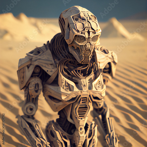 Warforged robot made of sand with a complicated face, natural background photo