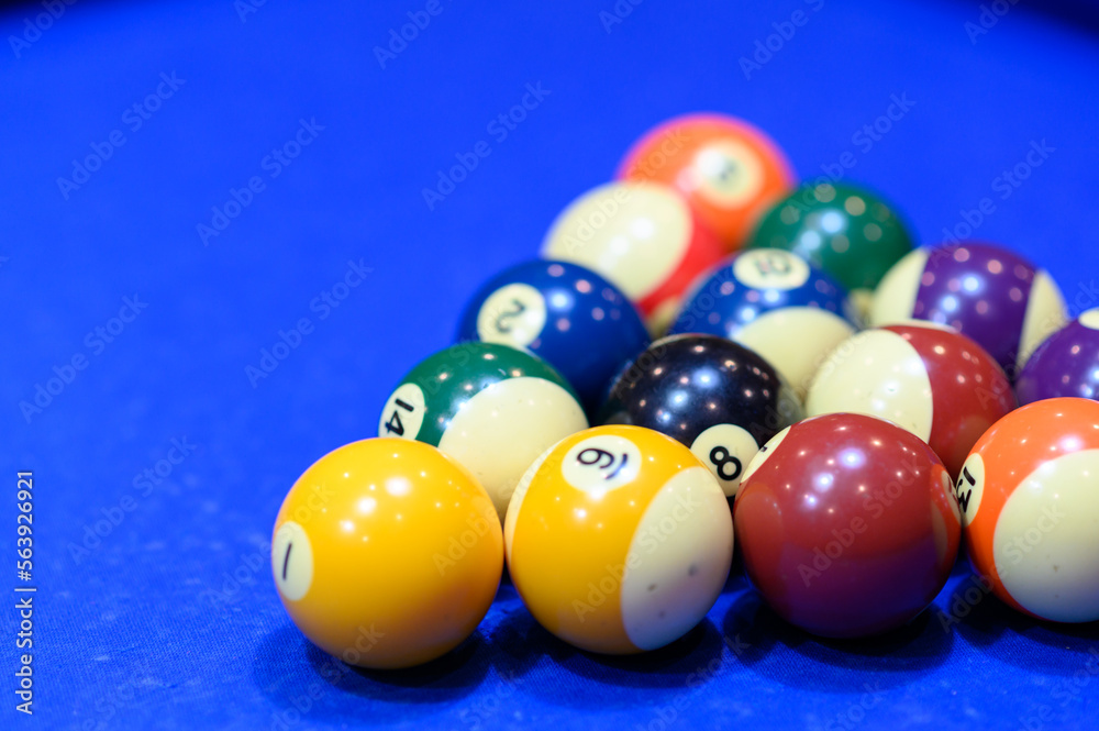 Billard pool game. Billiard balls on blue pool table, Pool game. Billard pool game. Billiard balls on blue pool table, Pool game.
