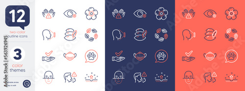 Set of Farsightedness, Face id and Dermatologically tested line icons. Include Pets care, Medical mask, Clean hands icons. Face recognition, Cough, Pillow web elements. Clean skin. Vector