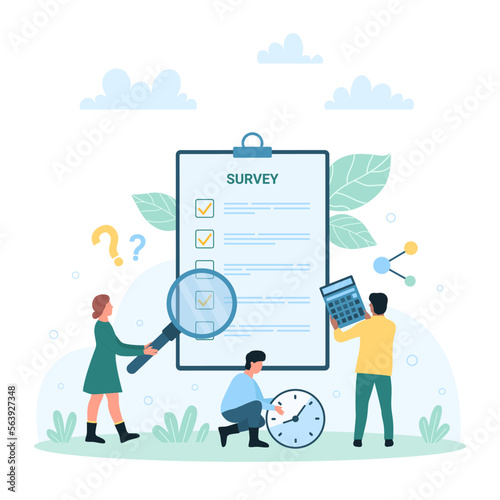 Survey research set vector illustration. Cartoon tiny people look through magnifying glass at questionnaire list with ticks of choices, assess answers on clipboard, check report in paper document