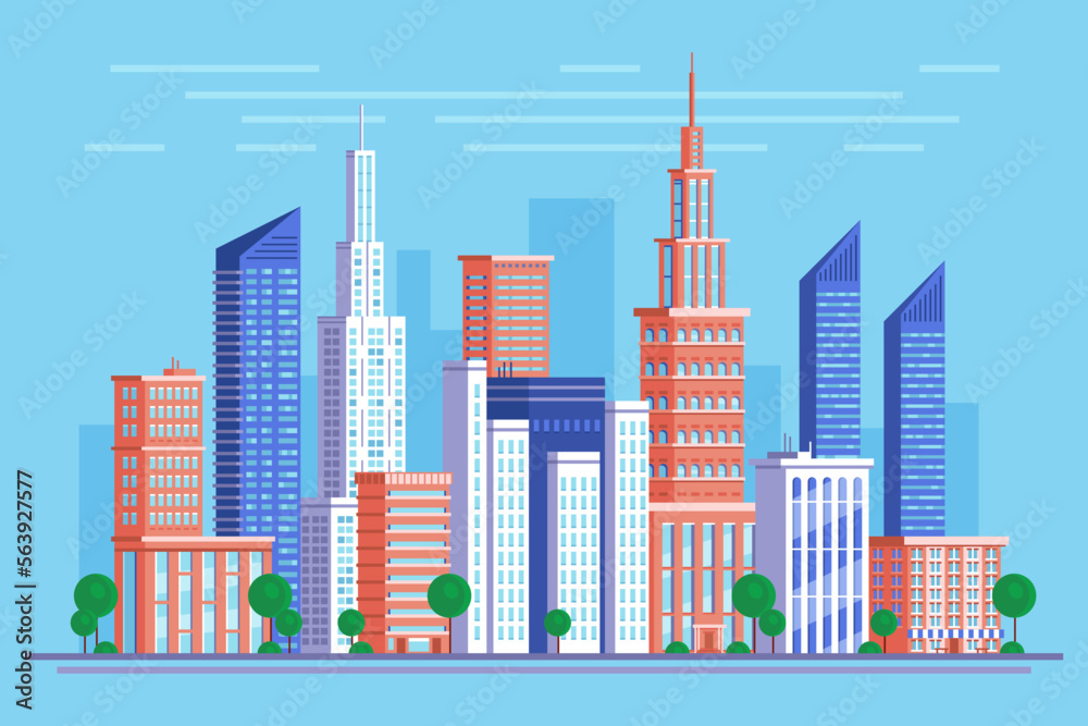 City landscape of modern downtown vector illustration. Cartoon cityscape with skyscrapers and silhouettes of buildings in skyline, office towers on street of metropolis and trees in summer park