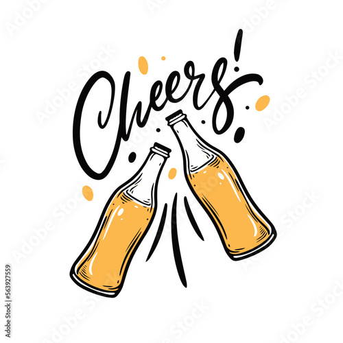 Cheer lettering text and beer bottles hand drawn vector art illustration.