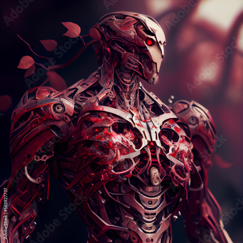 Warforged robot made of blood with a complicated face, natural background photo