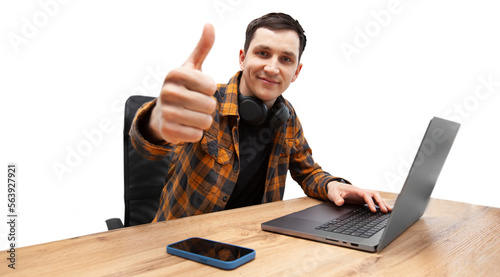 Employee IT specialist sit at work with laptop and  show thumb up gesture on a transparent background